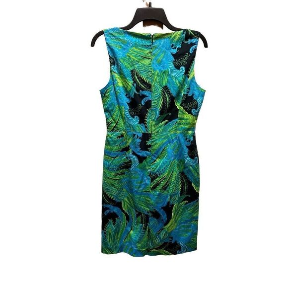 Jones New York Signature Womens Dress Sz 8 Blue Green Stretch Leaf Print Ruffle - Picture 5 of 7